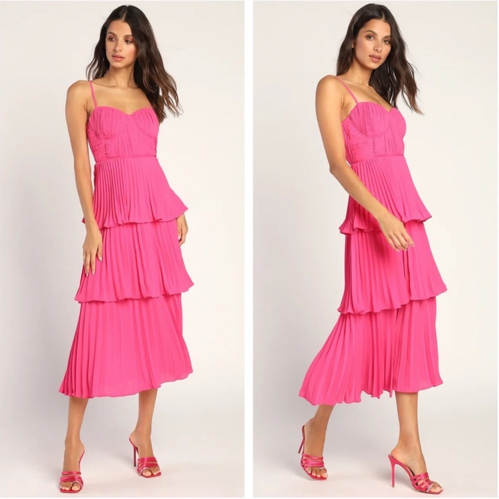 Lulu's Cascading Crush Pleated Tiered Bustier A-Line Midi Dress Cocktail Pink